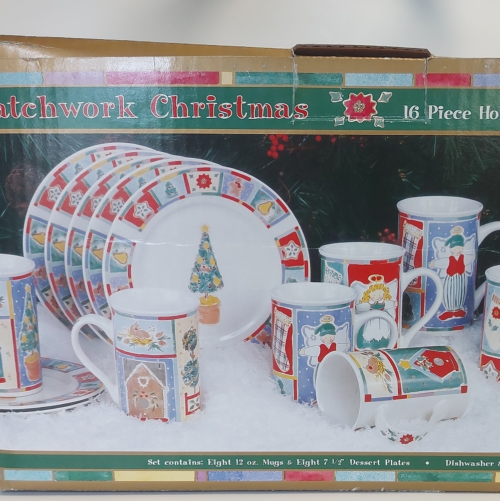 Vintage Patchwork Christmas Alecia Keen NIC mug and plate 16 pc dish set